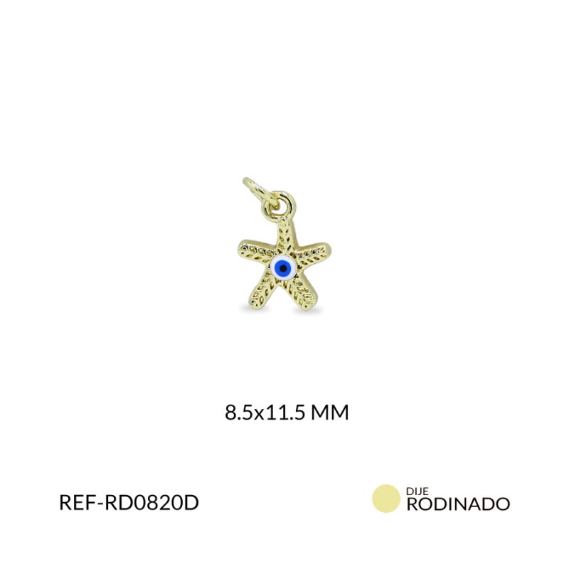 Dije rodinado Estrella de mar con ojo blanco-azul 8.5x11.5mm / x unidad / Ref-RD0820D / Ref-RD0820D