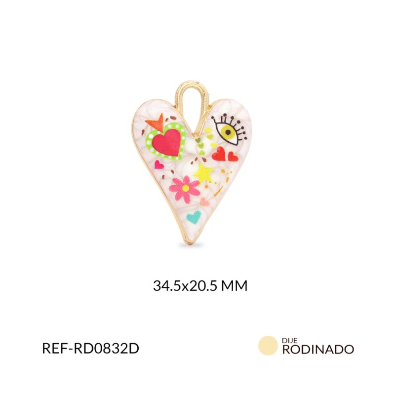 Dije Rodinado corazón resina blanca margarita rosada 34.5x20.5mm / x unidad / ref-RD0832D / ref-RD0832D