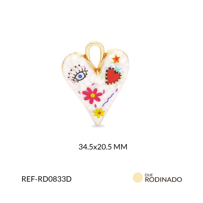 Dije Rodinado corazón resina blanca margarita fucsia 34.5x20.5mm / x unidad / ref-RD0833D / ref-RD0833D