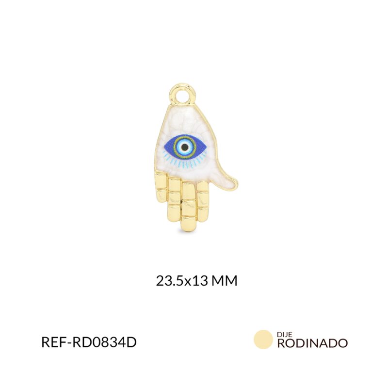Dije Rodinado mano hamnsa resina blanca ojo azul rey 23.5x13mm / x unidad / ref-RD0834D / ref-RD0834D