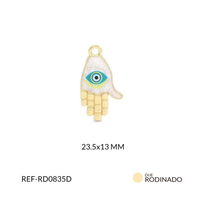 Dije Rodinado mano hamsa blanca resina ojo verde menta 23.5x13mm / x unidad / ref-RD0835D / ref-RD0835D