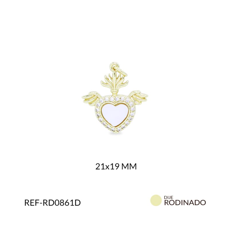 Dije Rodinado corazón nácar alas llama circón plateado 21x19mm / x unidad / ref-RD0861D / ref-RD0861D