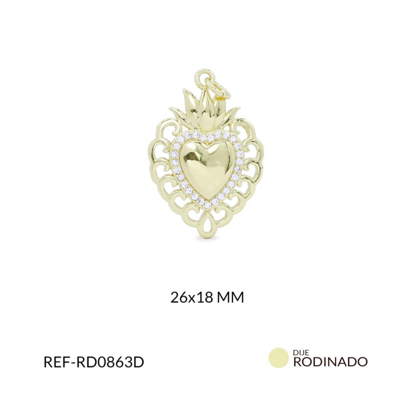 Dije Rodinado Corazón llamas circón plateado 26x18mm / x unidad / ref-RD0863D / ref-RD0863D