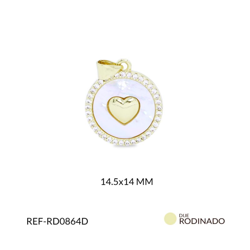 Dije Rodinado círculo nácar corazón circón plateado14.5x14mm / x unidad / ref-RD0864D / ref-RD0864D