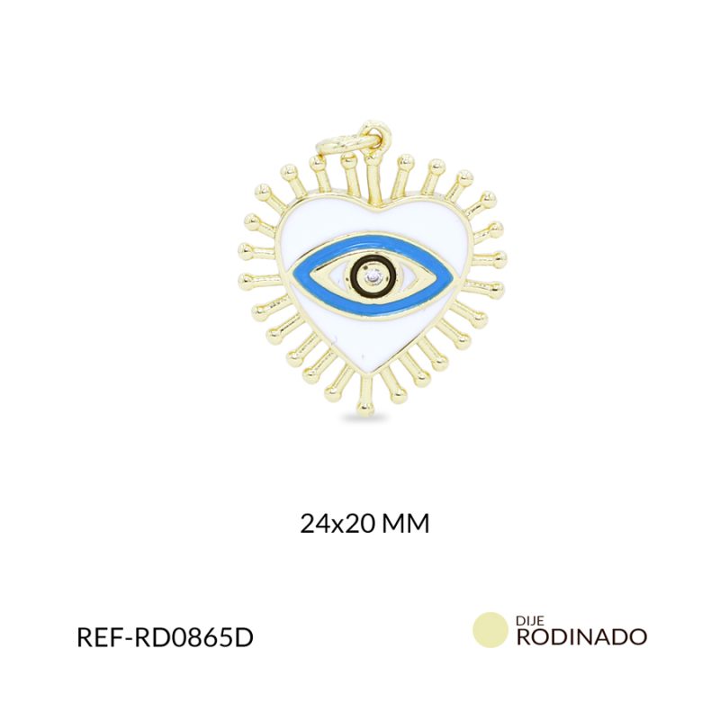 Dije Rodinado corazón destellos resina blanca ojo azul 24x20mm / x unidad / ref-RD0865D / ref-RD0865D