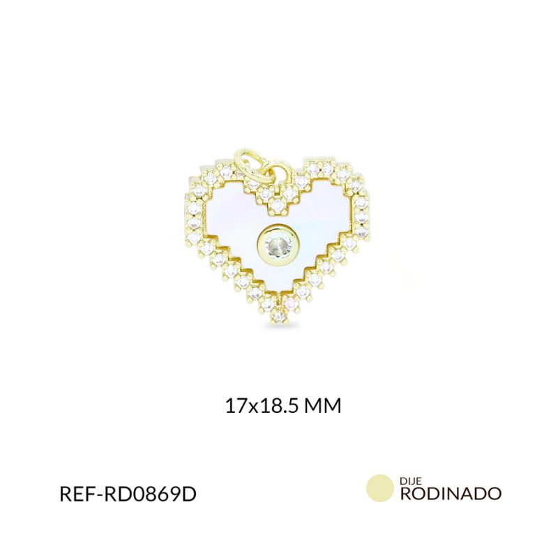 Dije Rodinado corazón nácar punto cristal circón plateado 17x18.5mm / x unidad / ref-RD0869D / ref-RD0869D