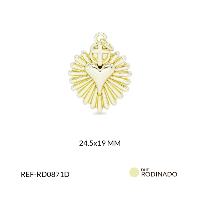 Dije Rodinado corazón destello cruz 24.5x19mm / x unidad / ref-RD0871D / ref-RD0871D