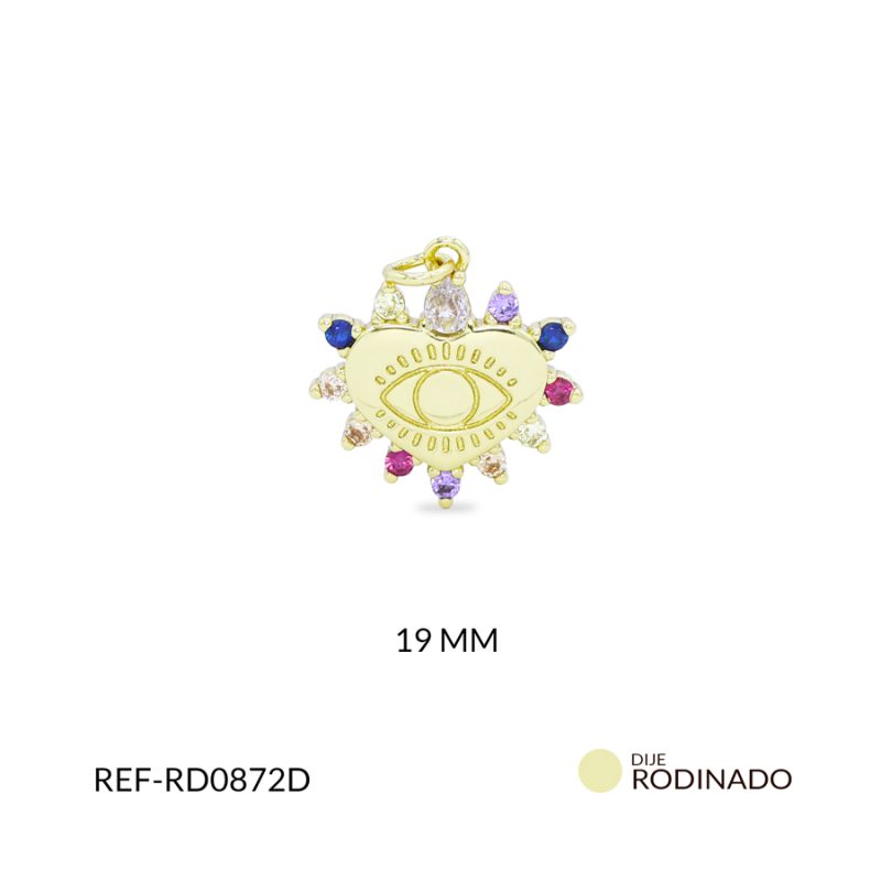 Dije Rodinado corazón ojo circón multicolor 19mm / x unidad / ref-RD0872D / ref-RD0872D