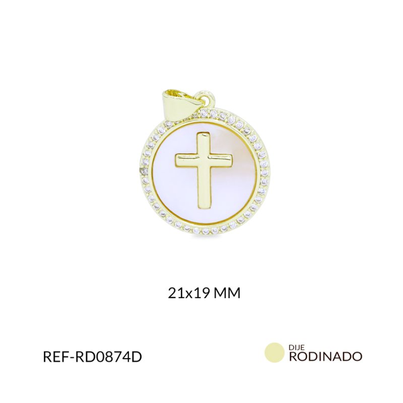 Dije Rodinado círculo nácar con cruz circón plateado 21x19mm / x unidad / ref-RD0874D / ref-RD0874D