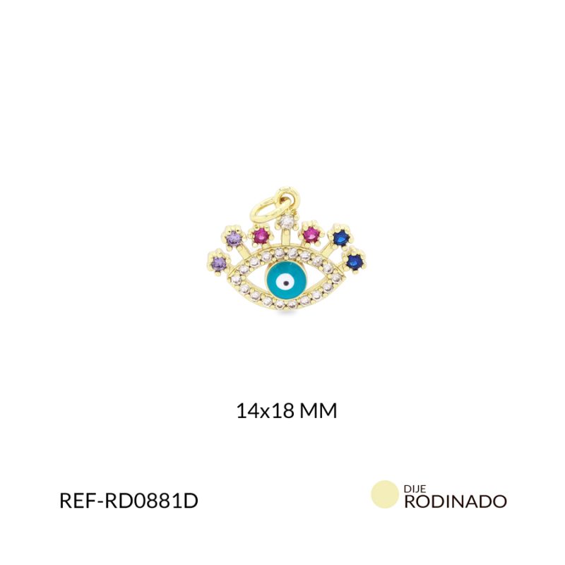Dije Rodinado ojo verde menta pestañas multicolor 14x18mm / x unidad / ref-RD0881D / ref-RD0881D