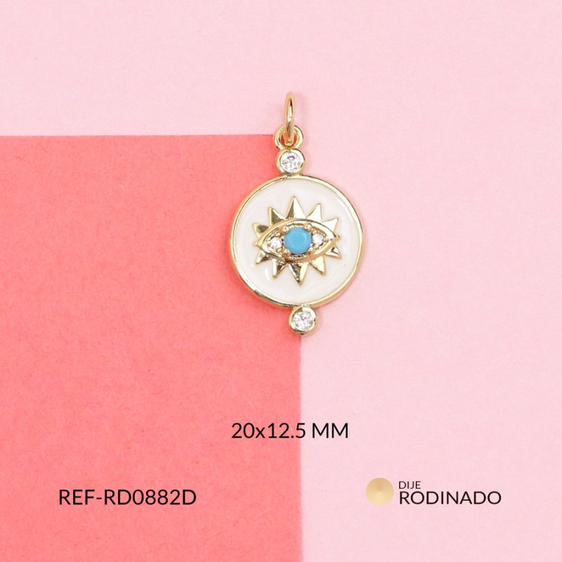 Dije rodinado circulo resina blanca ojo azul 20x12.5mm / unidad / Ref-RD0882D / Ref-RD0882D