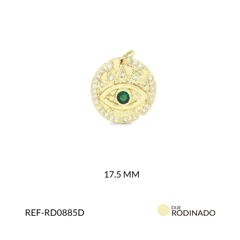 Dije Rodinado circulo ojo cristal verde circón plateado 17.5mm / x unidad / ref-RD0885D / ref-RD0885D