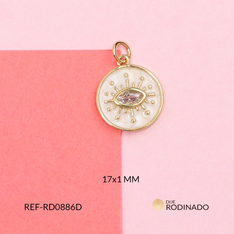 Dije rodinado circulo resina blanca nacarada ojo cristal 17mm / x unidad / Ref-RD0886D / Ref-RD0886D