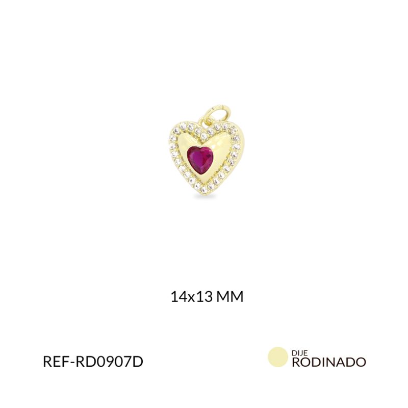 Dije Rodinado corazón cristal fucsia circón plateado 14x13mm / x unidad / ref-RD0907D / ref-RD0907D