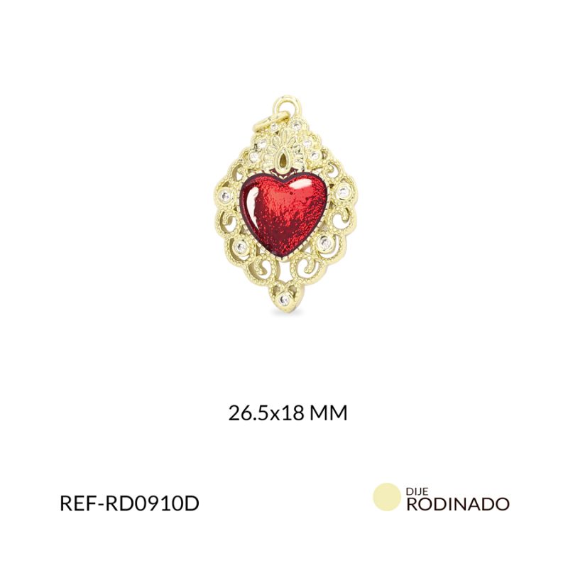 Dije Rodinado corazón resina roja circón plateado 26.5x18mm / x unidad / ref-RD0910D / ref-RD0910D