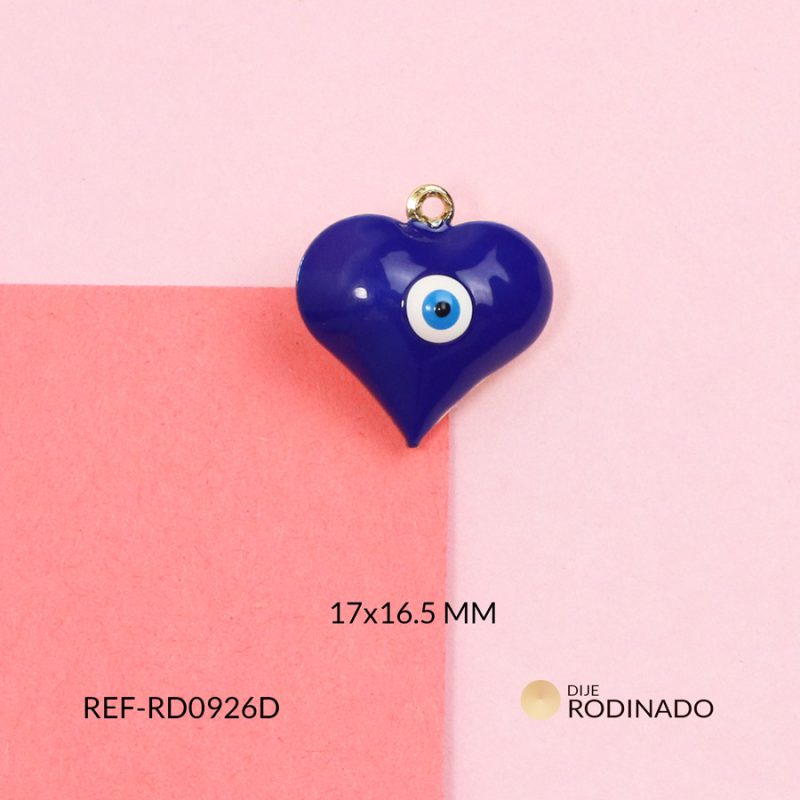 Dije Rodinado corazón inflado Azul rey ojo turco 17×16.5mm / x unidad / ref-RD0926D