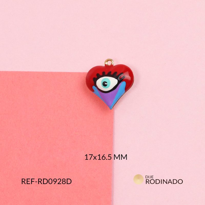 Dije Rodinado corazón inflado multicolor (rojo-azul-morado) ojo turco 17×16.5mm / x unidad / ref-RD0928D
