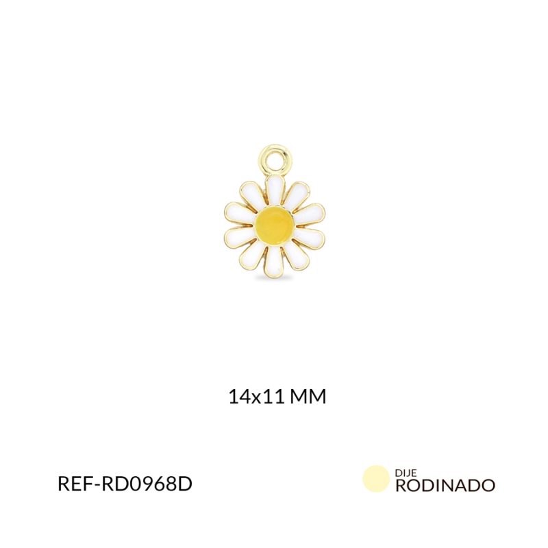 Dije Rodinado margarita pétalos blancos centro amarillo 14x11mm / x unidad / Ref-RD0968D / Ref-RD0968D