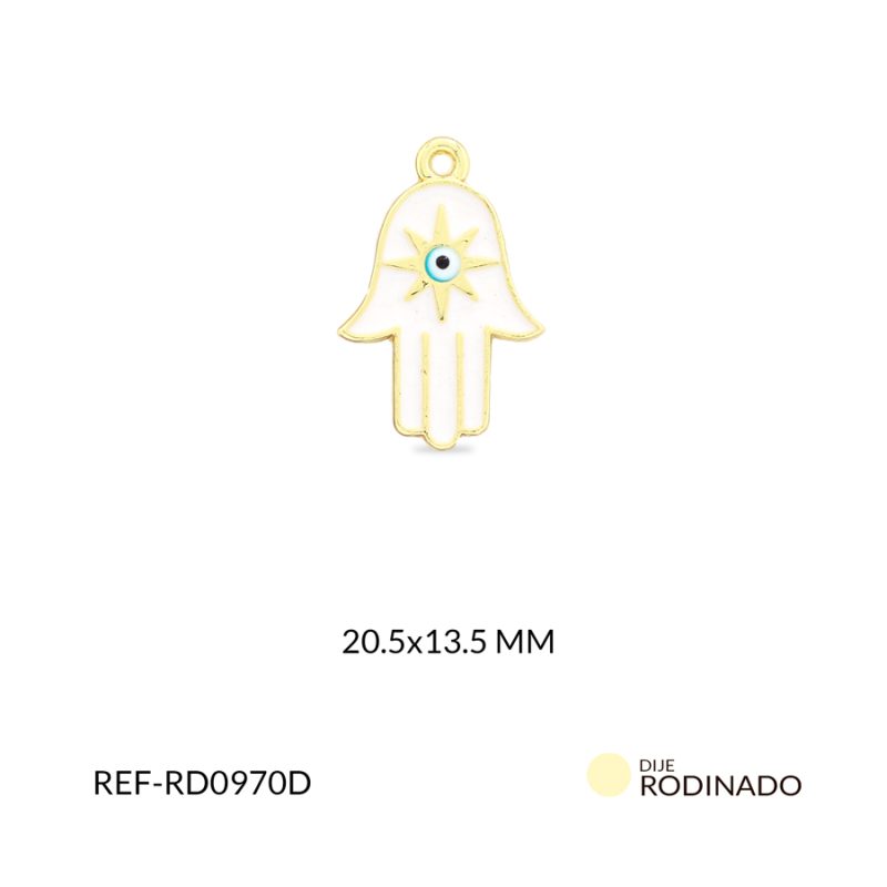 Dije Rodinado mano hamsa resina blanca estrella y ojo 20.5x13.5mm / x unidad / Ref-RD0970D / Ref-RD0970D