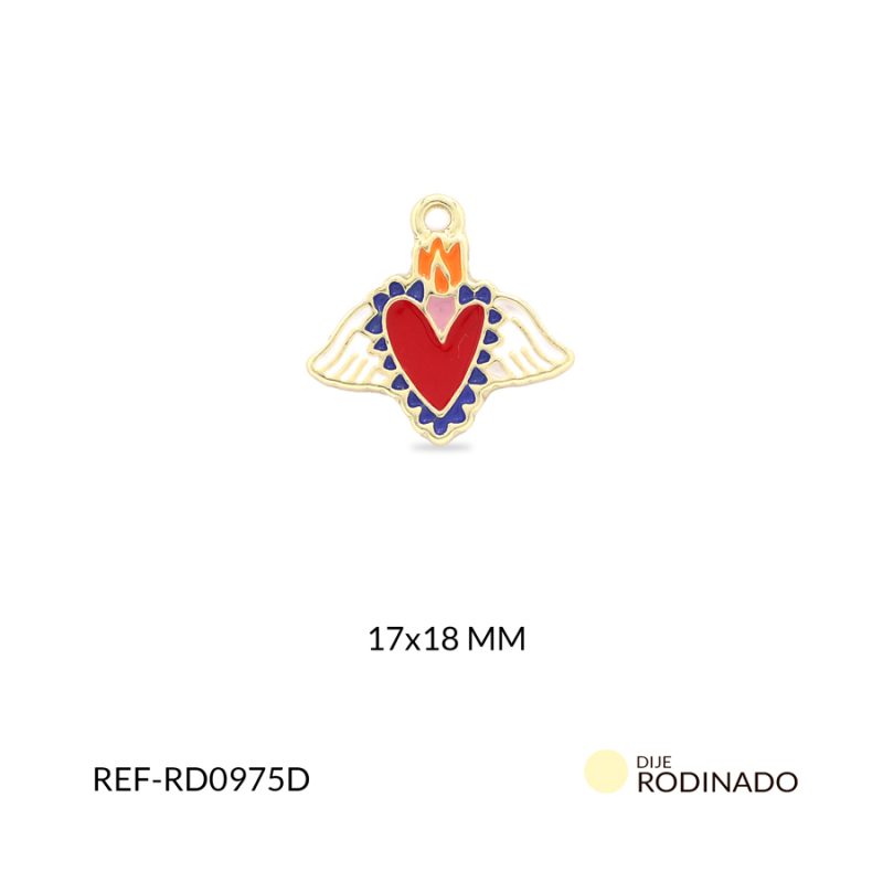 Dije Rodinado corazón rojo con alas blancas fuego naranja 17x18mm / x unidad / Ref-RD0975D / Ref-RD0975D