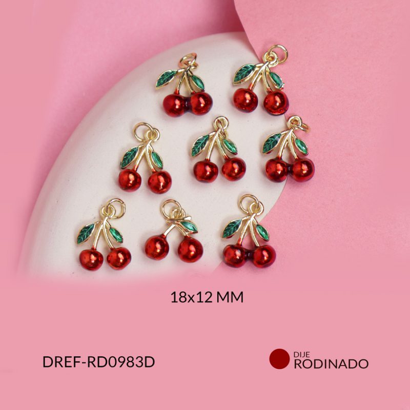 Dije covergold cereza resina roja hojas verdes 18x12mm / x unidad / Ref-RD0983D / Ref-RD0983D