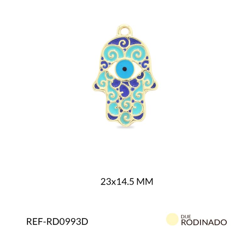 Dije Rodinado mano Hamsa con ojo turco (azul rey-azul celeste) 23x14.5mm / x unidad / Ref-RD0993D / Ref-RD0993D
