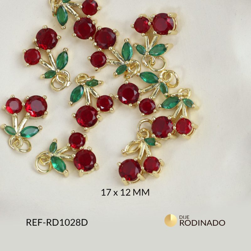 Dije rodinado cereza en cristal rojo con hojas verdes 17x12mm / x und / ref-RD1028D / RD1028D