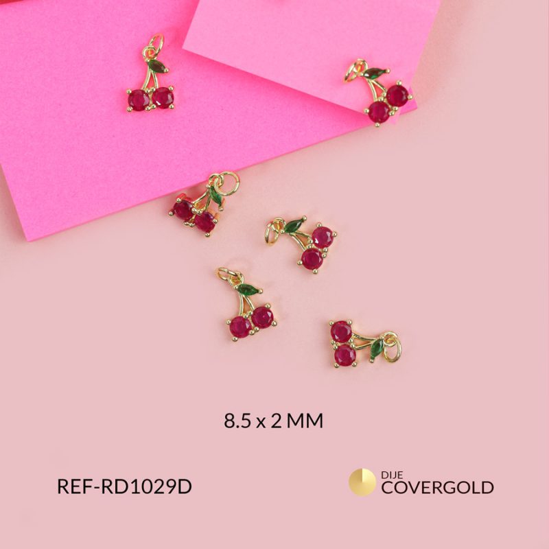 Dije rodinado cereza en cristal fucsia con hojas verdes 2x8.5mm / x und / ref-RD1029D / ref-RD1029D