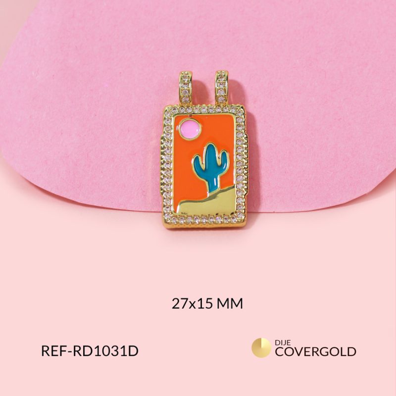 Dije Rodinado rectángulo resina naranja cactus verde A 27x15mm / x unidad / Ref-RD1031D / Ref-RD1031D
