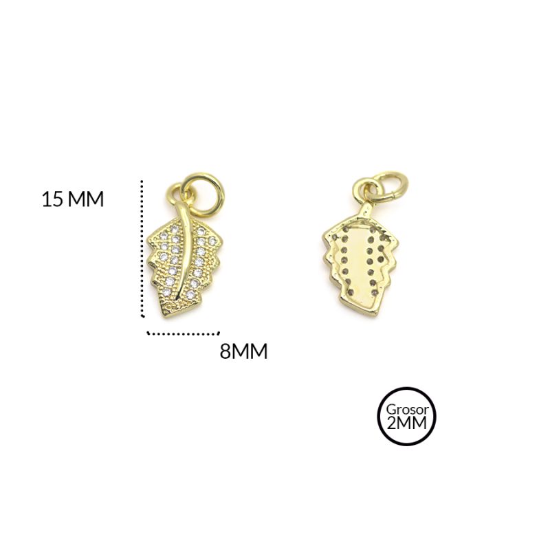 DIJE RODINADO HOJA con CIRCÓN PLATEADO 15 X 8 MM / color dorado / X UNIDAD / ref-RD0225D / ref-RD0225D