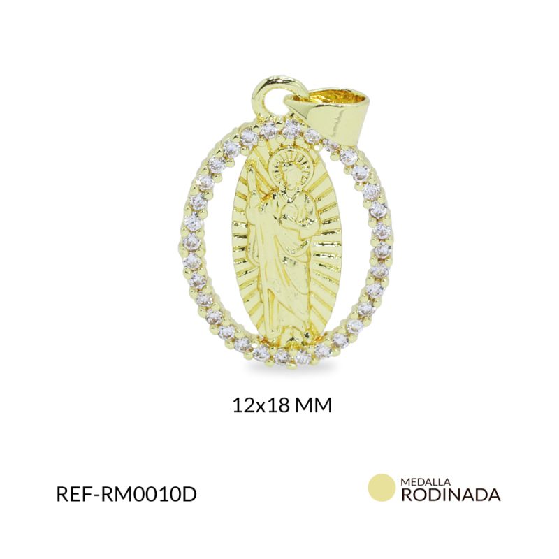 Medalla rodinada dorada San Benito ovalada con circón plateado 16x22mm / x unidad / Ref-RM0010D / Ref-RM0010D
