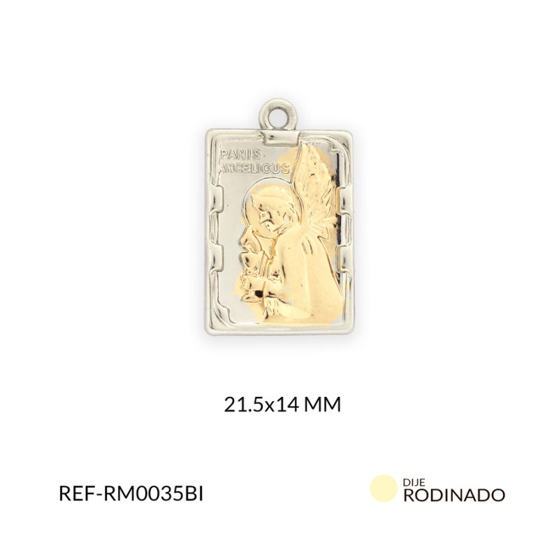 Medalla Rodinado rectangular Pan de Angeles bicolor 21.5x14mm / x unidad / Ref-RM0035BI / Ref-RM0035BI