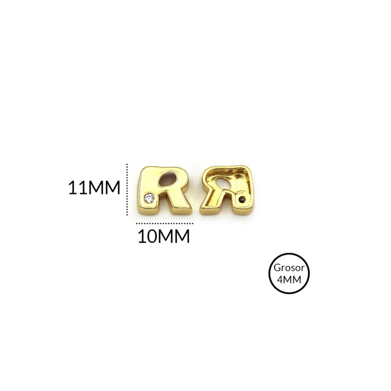 Separador Rodinado letra R circón plateado 10x11mm / x unidad / REF-RS0156D