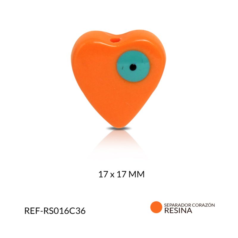 Separador resina corazón naranja ojo turco turquesa 17 x 17 mm / x und / Ref-RS016C36 / Ref-RS016C36