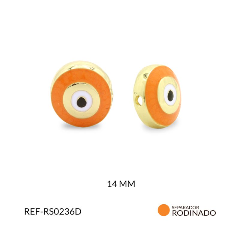 Separador Rodinado circulo ojo resina naranja 14mm / x unidad / Ref-RS0236D / Ref-RS0236D