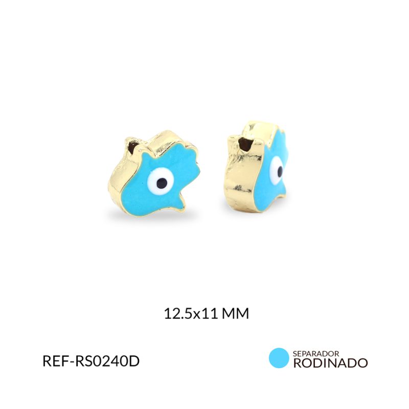 Separador Rodinado Mano Hamsa resina azul celeste 12.5x11mm / x unidad / Ref-RS0240D / Ref-RS0240D