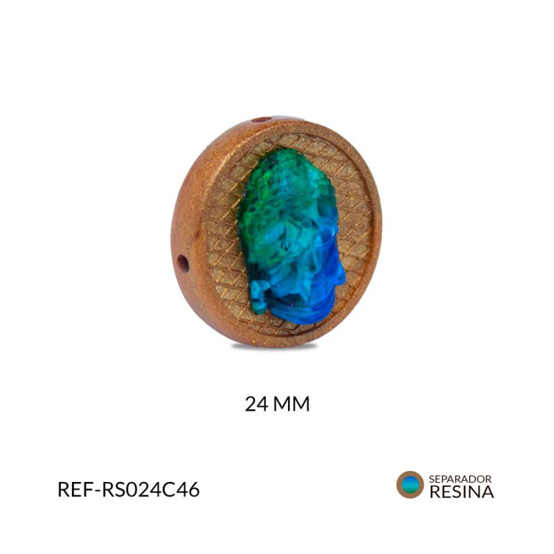 Separador resina sello cafe con cara de buda verde azul 24mm / x unidad / Ref-RS024C46 / Ref-RS024C46
