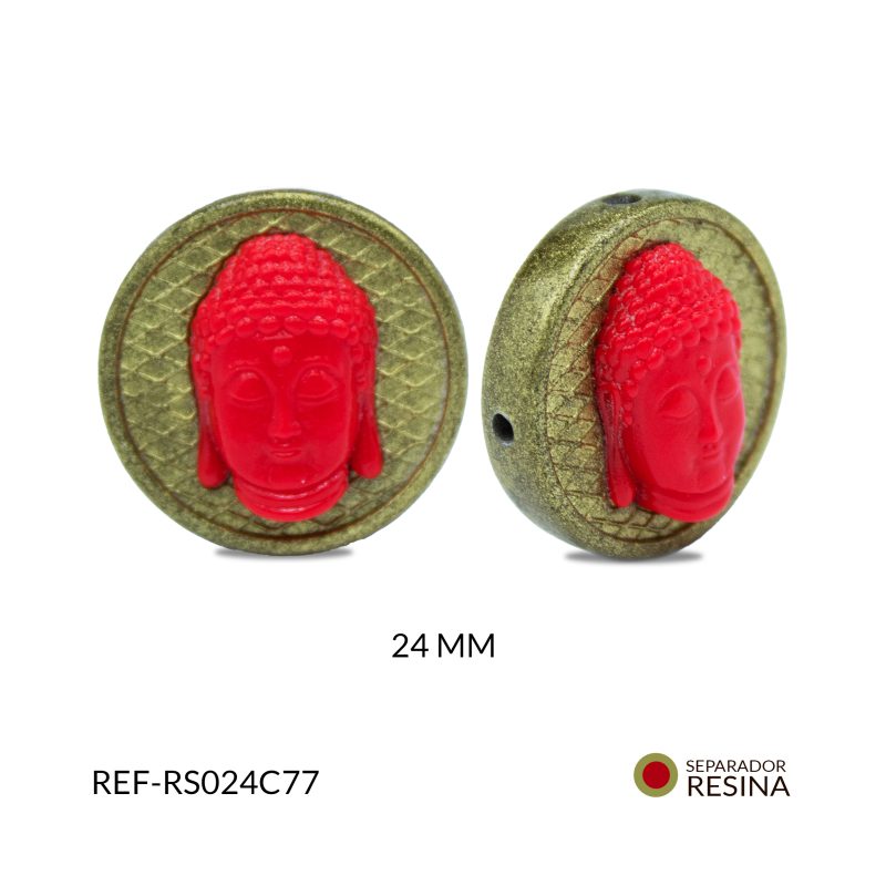 Separador resina sello dorado con cara de buda roja 24mm / x unidad / Ref-RS024C77 / Ref-RS024C77