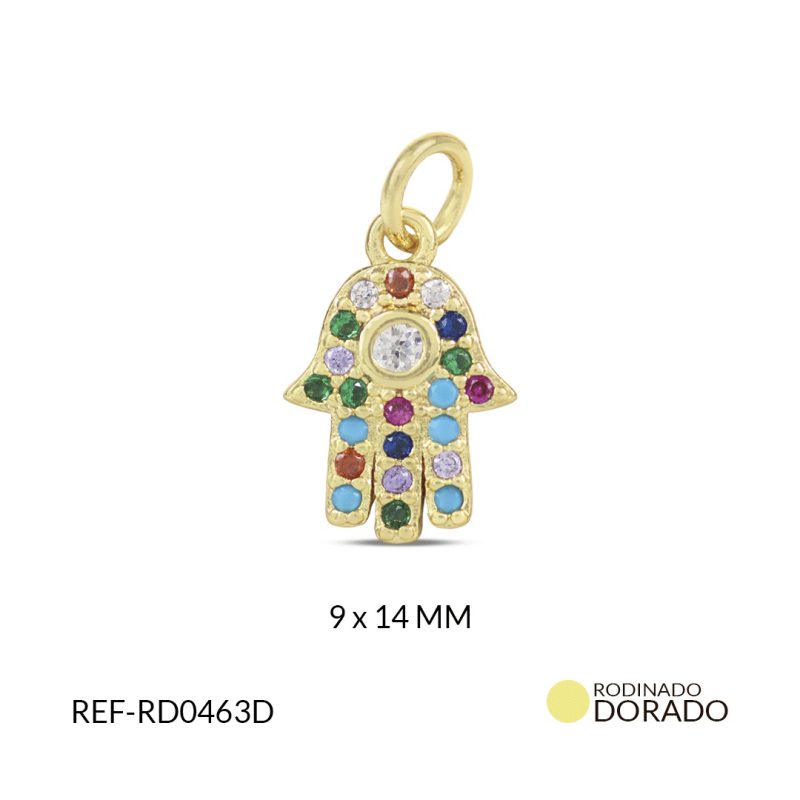 Dije rodinado mano hamsa circon colores 9X14 MM / x unidad / Ref-RD0463D / Ref-RD0463D