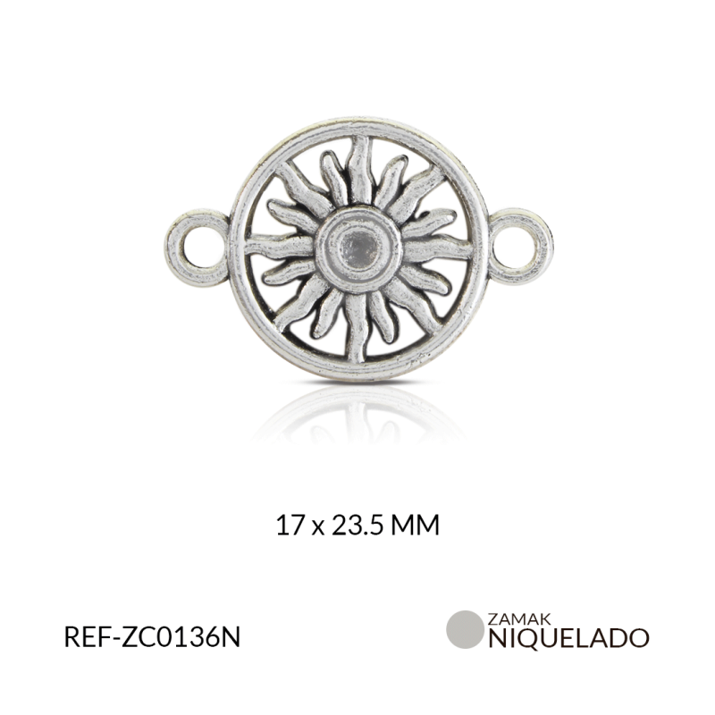 Centro pulsera Zamak circulo sol 17 x 23 mm color niquelado / Paquete x 12 und / REF-ZC0136N