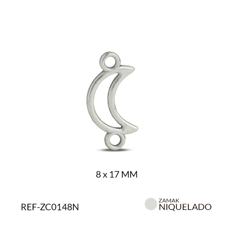 Centro pulsera zamak silueta luna 9 x 18 mm  color niquelado / Paquete x 12 und / Ref-ZC0148N / Ref-ZC0148N
