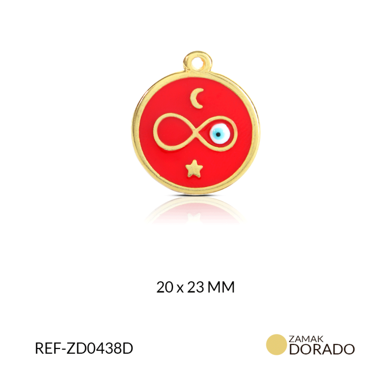 DIJE ZAMAK DORADO CIRCULO ROJO PINTADO INFINITO + OJO TURCO/ x UND/20x23 / REF-ZD0438D