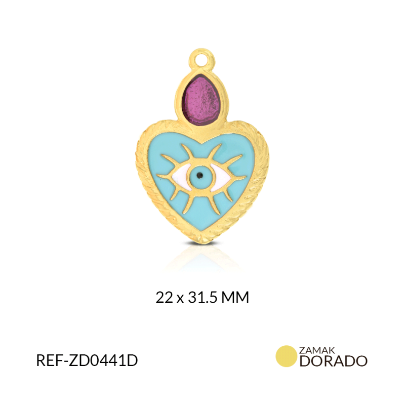 DIJE ZAMAK DORADO CORAZON PINTADO VERDE A. OJO+GEMA COLOR VIOLETA/x UND/22x31mm / REF-ZD0441D-1