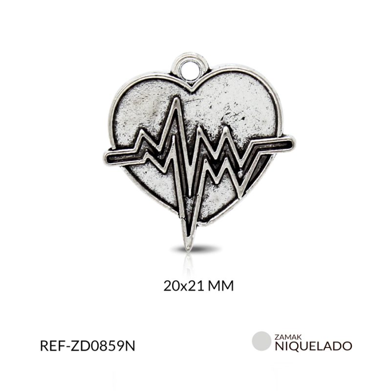 Dije zamak corazón cardio 20 x 21 mm color niquelado / Paquete x 12 unidades / Ref-ZD0859N