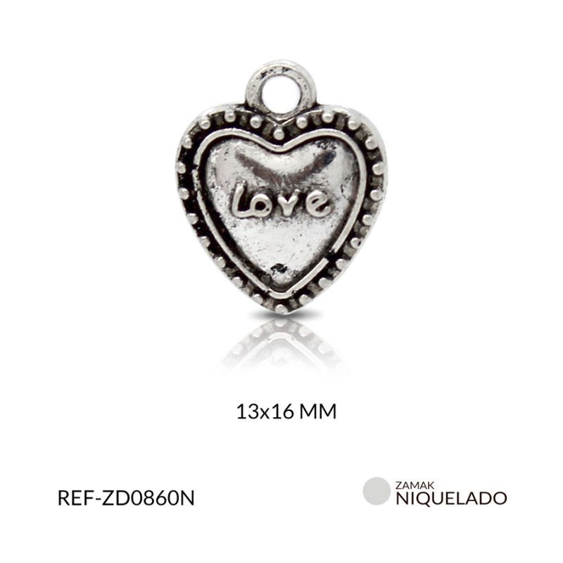 Dije zamak corazón love puntos 13 x 16 mm color niquelado / Paquete x 12 unidades / Ref-ZD0860N