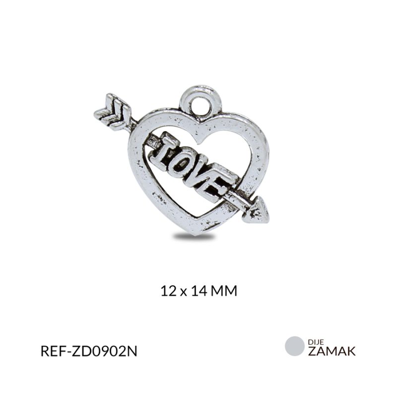 Dije Zamak corazon flecha love 12 x 14 mm / paquete x 12 unidades / Ref-ZD0902N