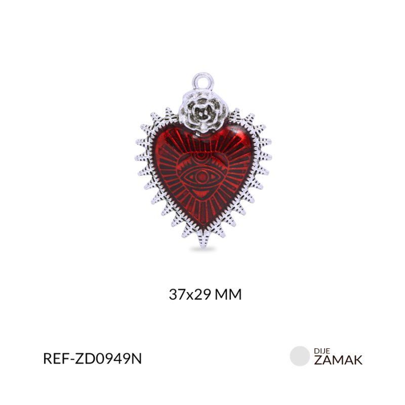 Dije Zamak corazón resina roja puntas con rosa 37x29mm / x unidad / ref-ZD0949N / ref-ZD0949N