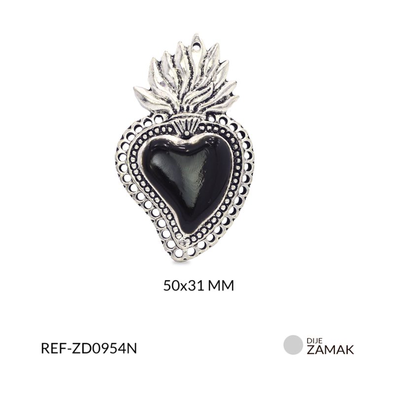 Dije zamak corazón con llamas resina negra 50x31mm / x unidad / Ref-ZD0954N / Ref-ZD0954N