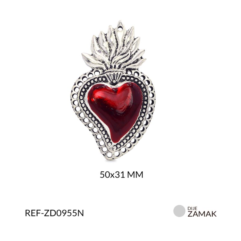 Dije zamak corazón con llamas resina roja 50x31mm / x unidad / Ref-ZD0955N / Ref-ZD0955N