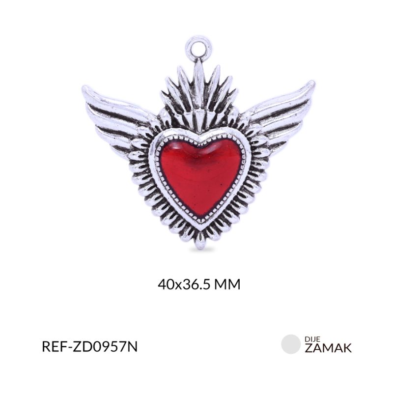 Dije zamak corazón con alas resina roja clara 40x36.5mm / x unidad / ref-ZD0957N / ref-ZD0957N